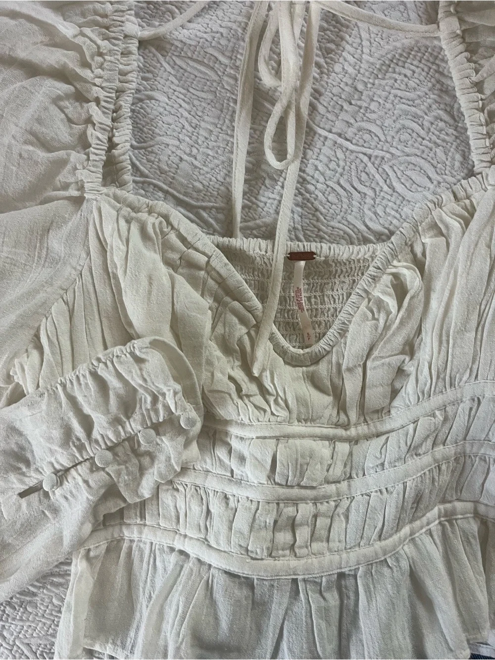 Free People Smocked Puff-Sleeve White Crop Top sz S